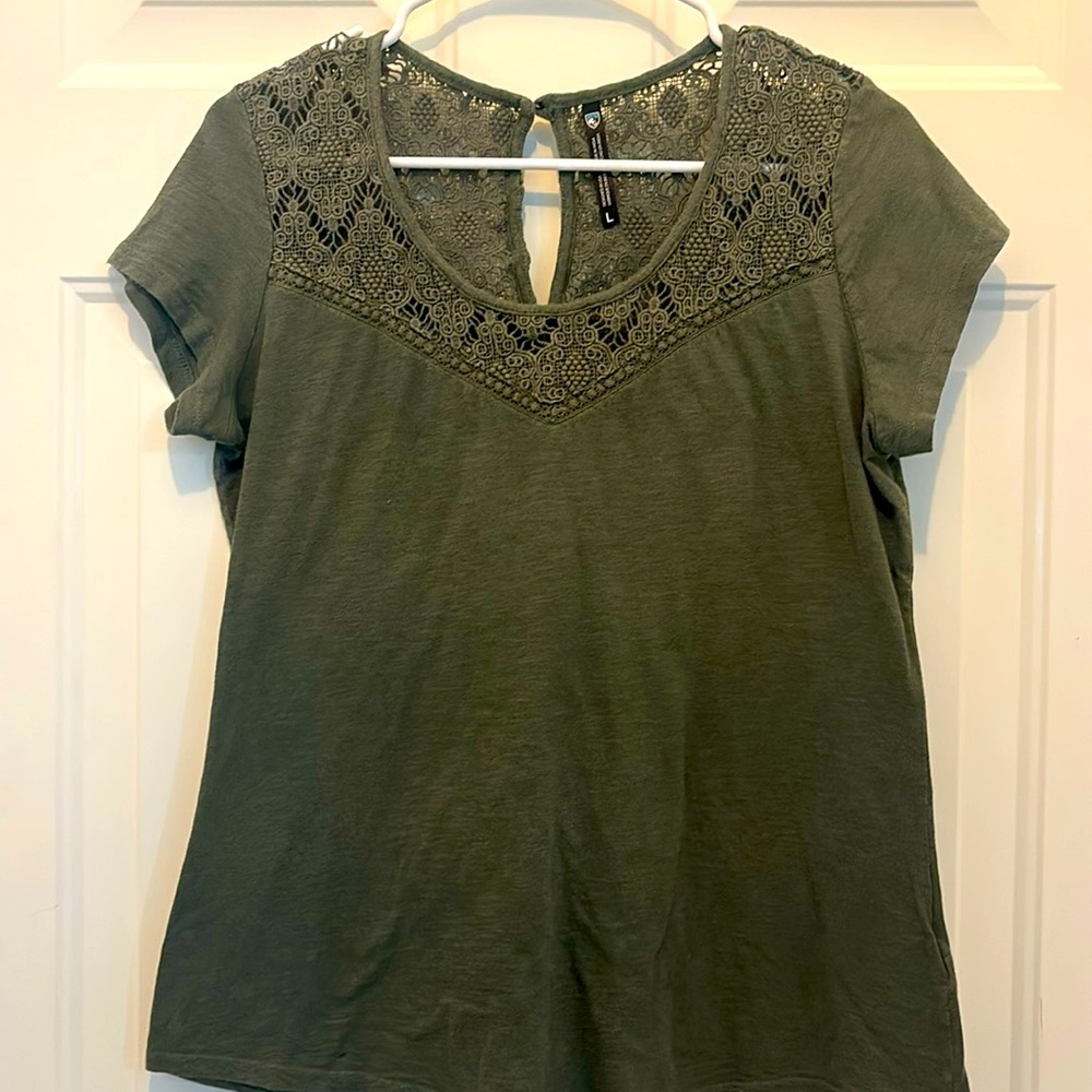 Lace Yoke Short Sleeve Top - Olive Green